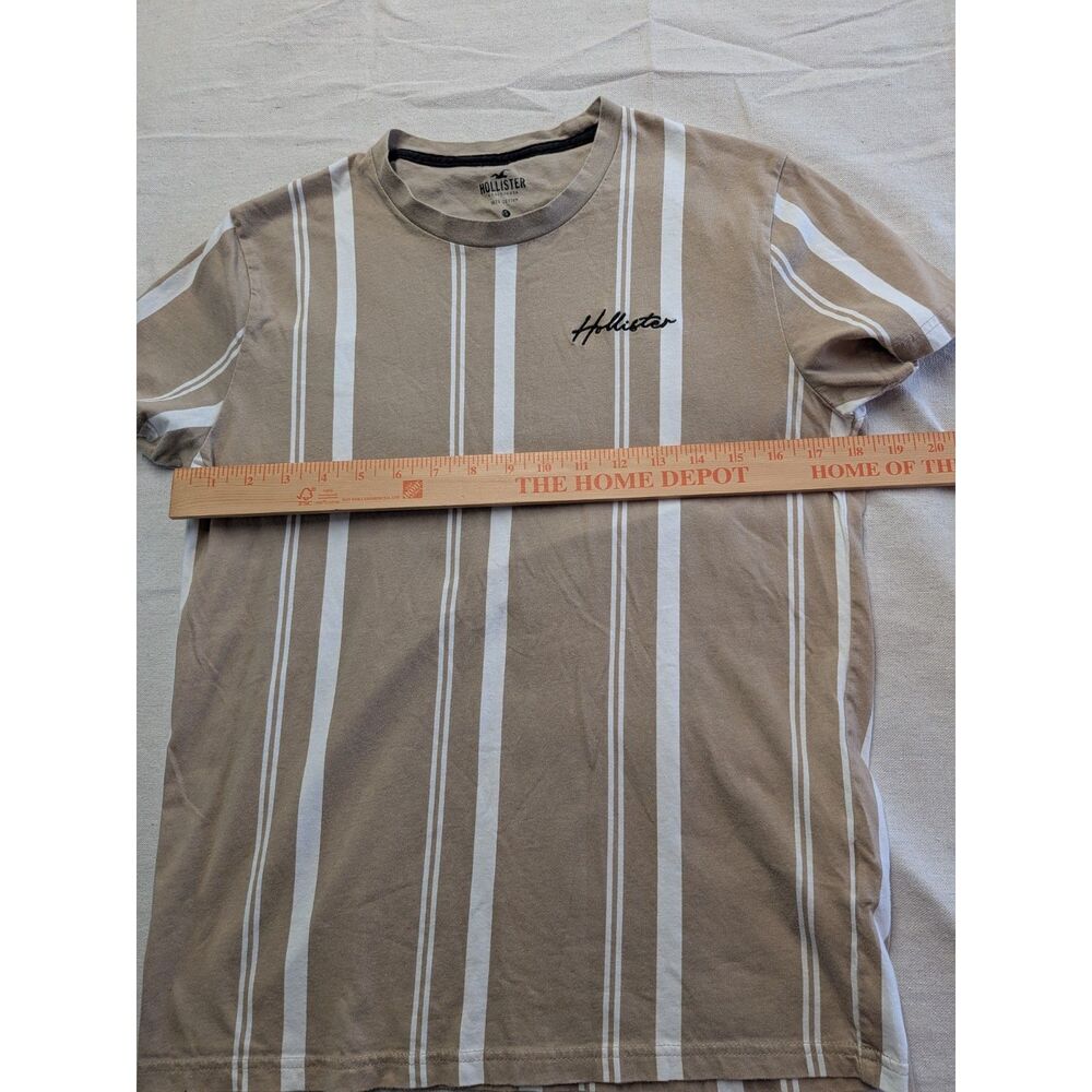 Hollister Mens Small Tan White Vertical Stripe Embroidered Logo Crewneck T Shirt